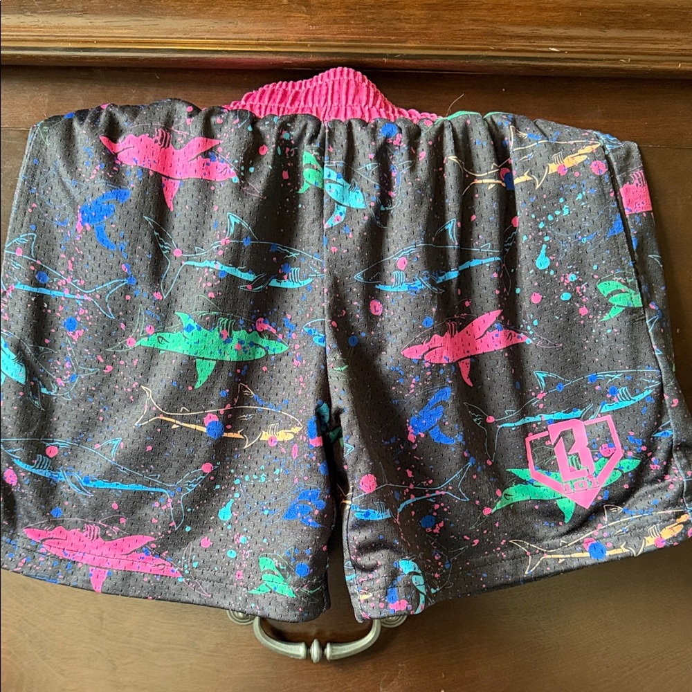 Baseball 101Neon Shark Print Athletic Shorts - Black with Pink & Teal